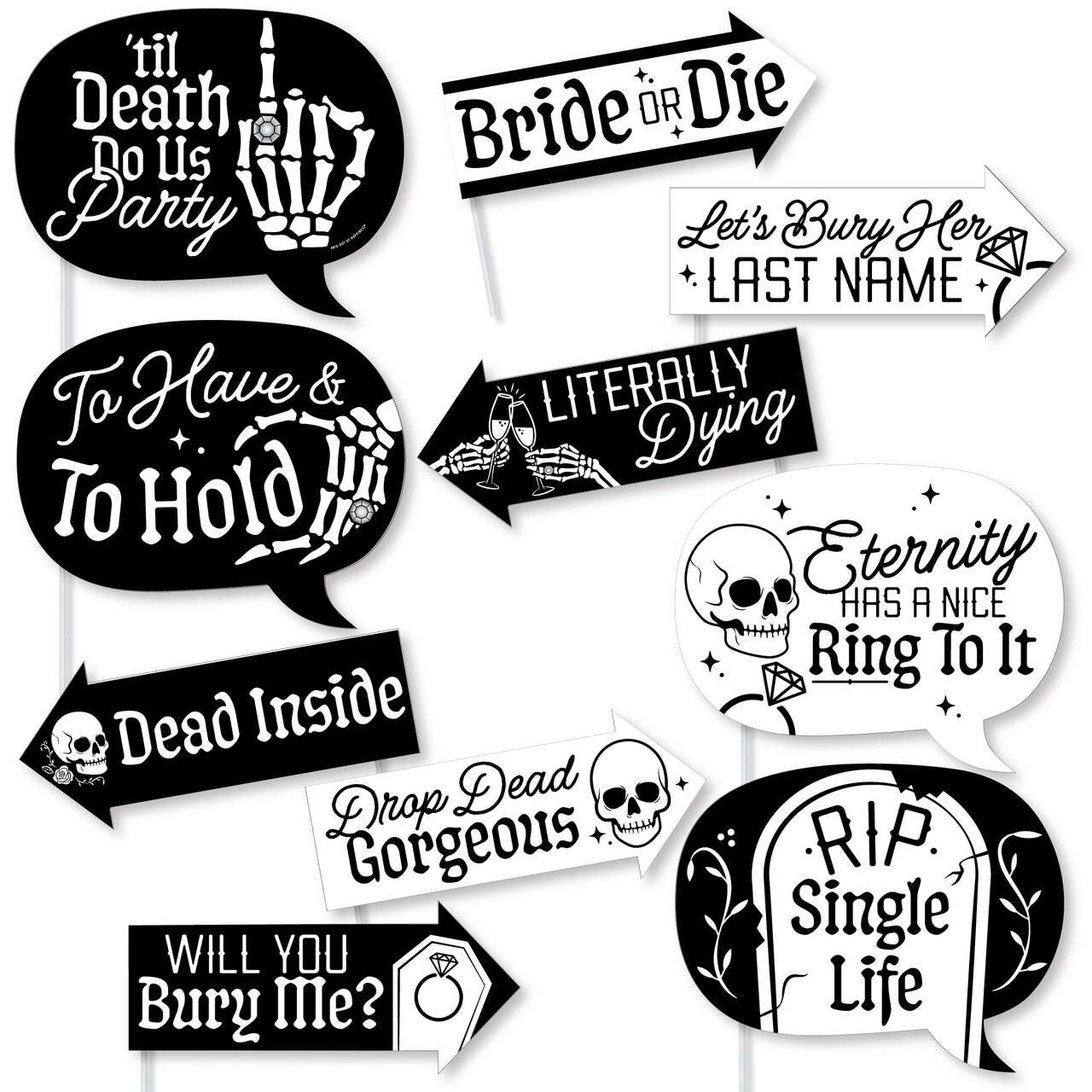 Big Dot of Happiness Funny Til Death Do Us Party Photo Booth Props Kit, Goth Bridal Decor, Bride or Die Party Supplies - 10 Count Selfie Prop Sticks